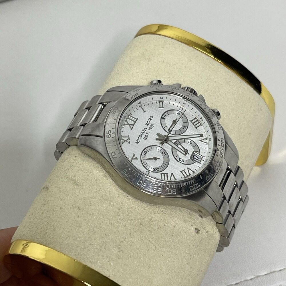 Michael Kors Silver Watch Layton Stainless Steel Chronograph MK5454 Quartz WORKS